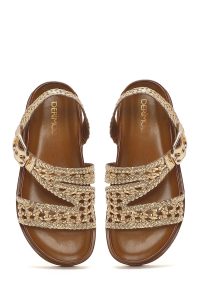 صندل زنانه طلایی حصیری چرم بندی دری مد