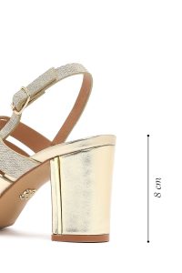 صندل زنانه طلایی متالیک پاشنه‌ضخیم بنددار دری مد