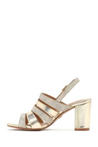 صندل زنانه طلایی متالیک پاشنه‌ضخیم بنددار دری مد