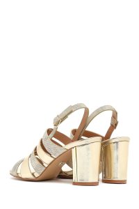 صندل زنانه طلایی متالیک پاشنه‌ضخیم بنددار دری مد