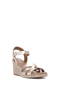 صندل زنانه طلایی چرم متالیک بنددار لژدار اسپادریل دری مد