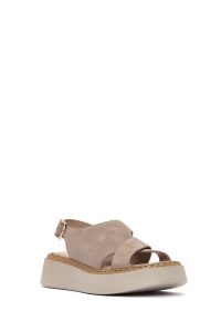 صندل زنانه طوسی جیر بنددار تخت ضخیم راحتی دری مد