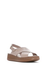 صندل زنانه طوسی چرم تخت بندی راحتی دری مد