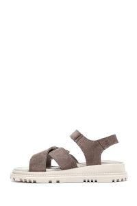 صندل زنانه طوسی چرم و جیر دوبند دری مد