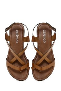 صندل زنانه عسلی انگشتی چرمی بودروم دری مد