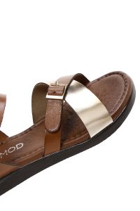 صندل زنانه عسلی بندی چرمی بودروم دری مد