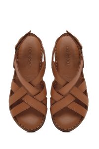 صندل زنانه عسلی چرمی راحتی دری مد