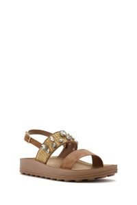 صندل زنانه قهوه‌ای با زیره ضخیم و نگین‌دار دری مد