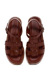 صندل زنانه قهوه‌ای بندی چرمی دری مد