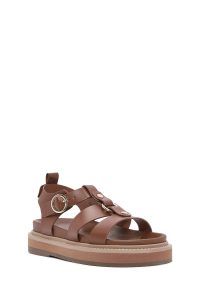 صندل زنانه قهوه‌ای روشن بنددار تخت ضخیم دری مد