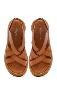 صندل زنانه قهوه‌ای روشن چرم بند پشت باز دری مد