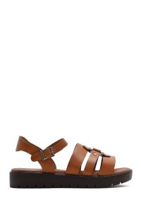 صندل زنانه قهوه‌ای روشن چرم بنددار دری مد