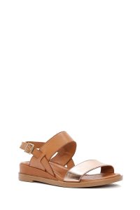 صندل زنانه قهوه‌ای روشن چرم بنددار دری مد