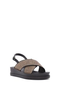 صندل زنانه قهوه‌ای پشت باز سگک‌دار حصیری تخت ضخیم دری مد