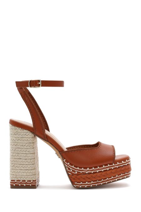 صندل زنانه قهوه‌ای پلتفرم پاشنه ضخیم بلند بنددار دری مد