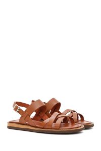 صندل زنانه قهوه‌ای چرم بنددار دری مد