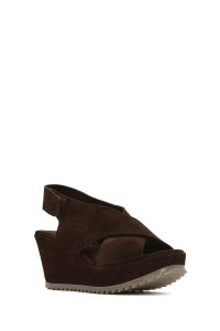 صندل زنانه قهوه‌ای چرم و جیر لژدار پشت‌باز بنددار دری مد