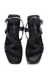 صندل زنانه مشکی بافت‌دار چرمی بودروم دری مد