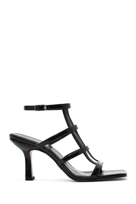 صندل زنانه مشکی براق پاشنه نازک بنددار دری مد