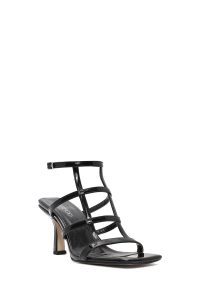 صندل زنانه مشکی براق پاشنه نازک بنددار دری مد