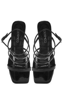 صندل زنانه مشکی براق پاشنه نازک بنددار دری مد