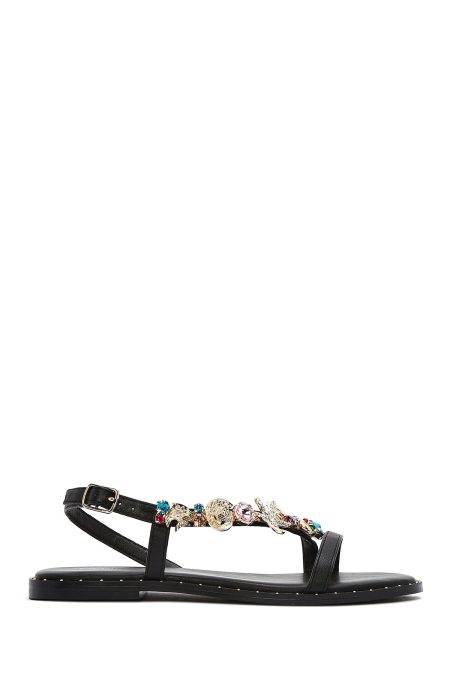 صندل زنانه مشکی بنددار نگین‌دار سگک‌دار دری مد