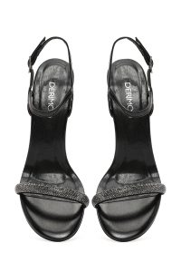 صندل زنانه مشکی بنددار پاشنه بلند نازک نگین‌دار دری مد