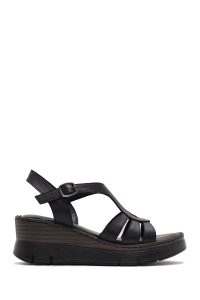 صندل زنانه مشکی بنددار پاشنه لژ راحتی چرم دری مد