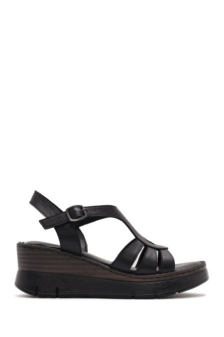 صندل زنانه مشکی بنددار پاشنه لژ راحتی چرم دری مد