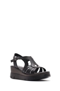 صندل زنانه مشکی بنددار پاشنه لژ راحتی چرم دری مد