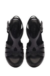 صندل زنانه مشکی بنددار پاشنه لژ راحتی چرم دری مد