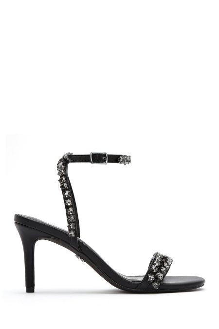 صندل زنانه مشکی بنددار پاشنه نازک نگین‌دار دری مد