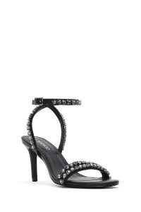 صندل زنانه مشکی بنددار پاشنه نازک نگین‌دار دری مد