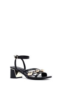 صندل زنانه مشکی بنددار پاشنه‌ضخیم کوتاه دری مد