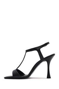 صندل زنانه مشکی بندی طرح‌دار چرم پاشنه نازک بلند دری مد