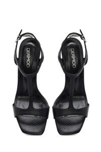 صندل زنانه مشکی بندی طرح‌دار چرم پاشنه نازک بلند دری مد