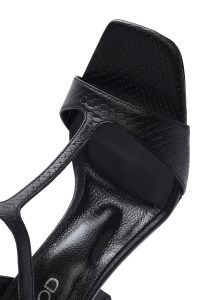 صندل زنانه مشکی بندی طرح‌دار چرم پاشنه نازک بلند دری مد