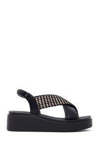 صندل زنانه مشکی لژدار نگین‌دار دری مد