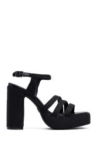 صندل زنانه مشکی مچی سگک‌دار پاشنه‌بلند ضخیم بستر حصیری دری مد