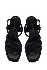 صندل زنانه مشکی مچی سگک‌دار پاشنه‌بلند ضخیم بستر حصیری دری مد