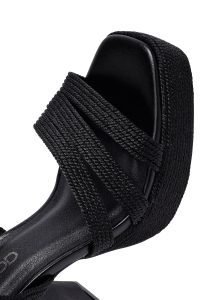 صندل زنانه مشکی مچی سگک‌دار پاشنه‌بلند ضخیم بستر حصیری دری مد