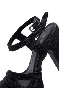 صندل زنانه مشکی مچی سگک‌دار پاشنه‌بلند ضخیم بستر حصیری دری مد