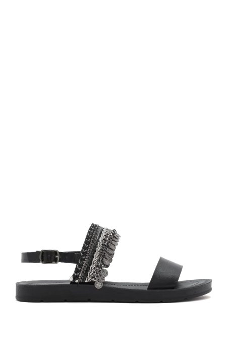 صندل زنانه مشکی نگین‌دار با بند پشت پا دری مد