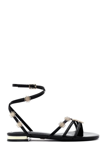 صندل زنانه مشکی نگین‌دار بنددار دری مد