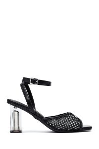 صندل زنانه مشکی نگین‌دار شفاف پاشنه‌ضخیم بنددار دری مد