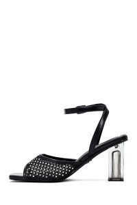 صندل زنانه مشکی نگین‌دار شفاف پاشنه‌ضخیم بنددار دری مد