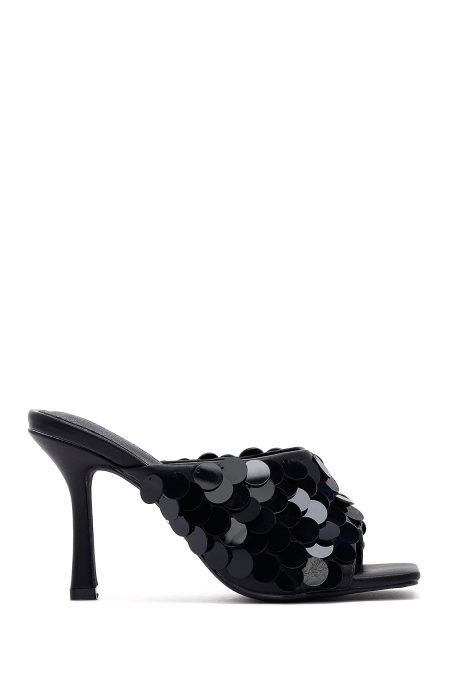 صندل زنانه مشکی پاشنه نازک پولکی دری مد