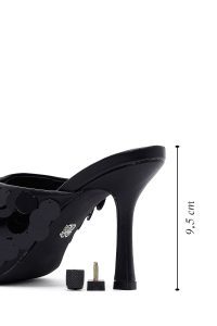 صندل زنانه مشکی پاشنه نازک پولکی دری مد