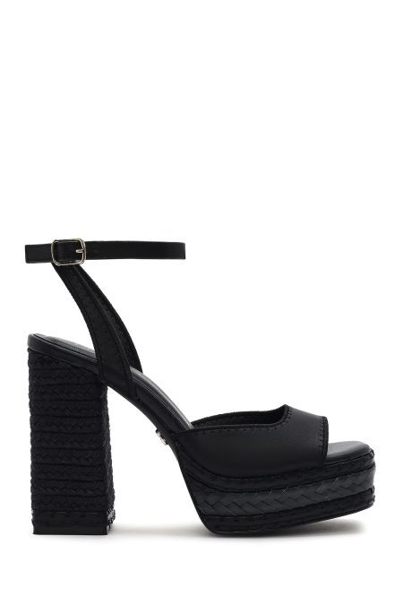 صندل زنانه مشکی پلتفرم پاشنه ضخیم بلند بنددار دری مد