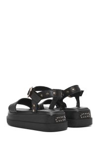 صندل زنانه مشکی چرم بنددار تخت ضخیم دری مد